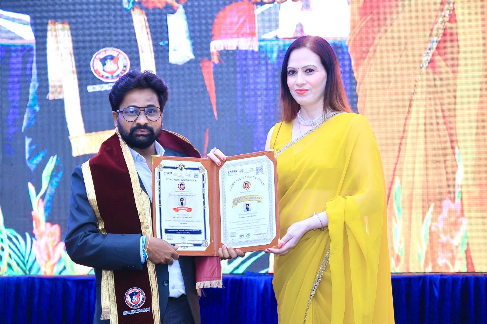 Iconic Peace Award Council doctorate certificate presentation to Dr. Prasanna Kumar Ballipagu